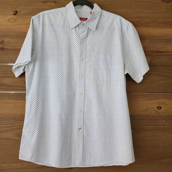Izod white with blue design short sleeve button front shirt mens size L - Picture 1 of 5